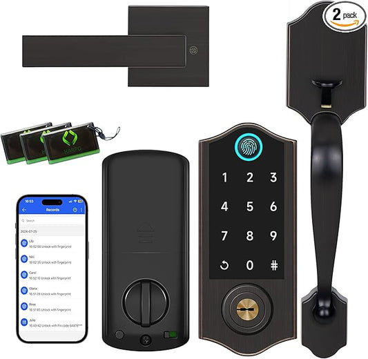 Harfo Fingerprint Smart Door Lock for Front Door with Handle Set, App Control, Keyless Entry Keyless Deadbolt, Digital Electronic Touchscreen Keypad, Auto Lock, Easy to Install, Aged Bronze