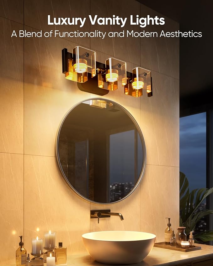 JACKYLED Bathroom Light Fixture, Modern 3-Light Vanity Lights with Art Glass Shades, 3 Color Temperatures LED Bathroom Lighting Fixture Over Mirror, 20W 1200 Lumen 30° Adjustable, Amber Glass