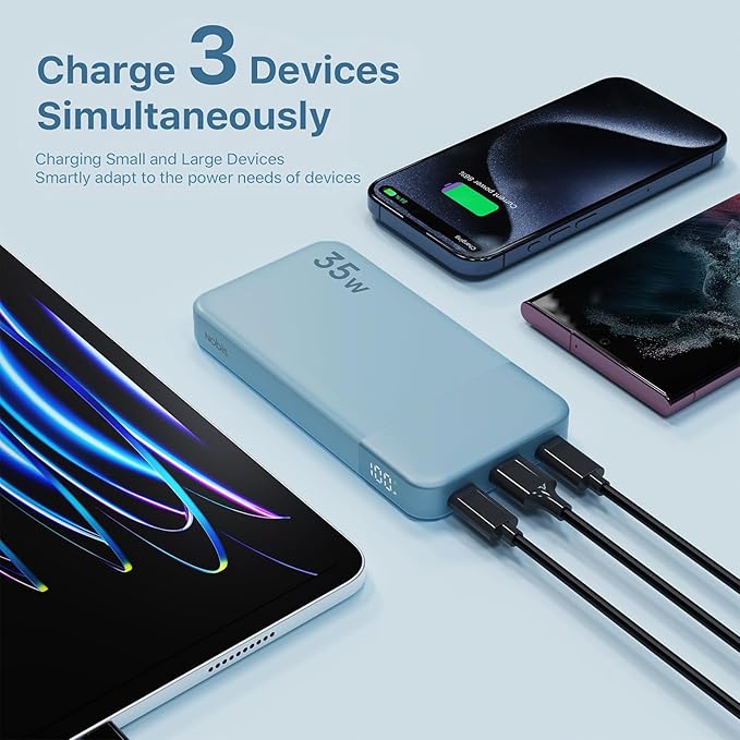 NOBIS Portable Charger, 10000mAh Power Bank Fast Charging, Battery Pack with C to C Cable, Battery Bank with Digital Display for iPhone iPad Android etc (Blue, 35W)