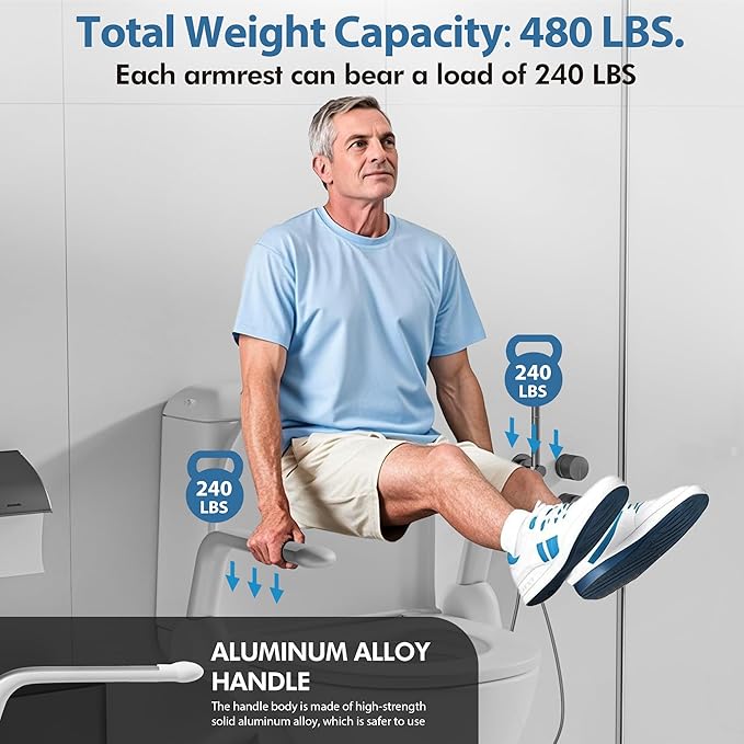 Toilet Safety Rails for Seniors, 480LBS Aluminum Armrest Hand Rail with Foldable Handles, Heavy Duty Toilet Seat Rails for Elderly, Handicap, Pregnant