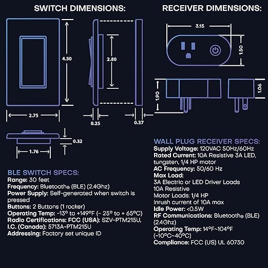 RunLessWire Wall Plug Bluetooth Battery-Free Wireless Light Switch Kit 30ft BLE Range Self-Powered by Kinetic Energy for Easy Control of Outlets: 1 Remote Switch Controls 1 Plug-in Receiver - White