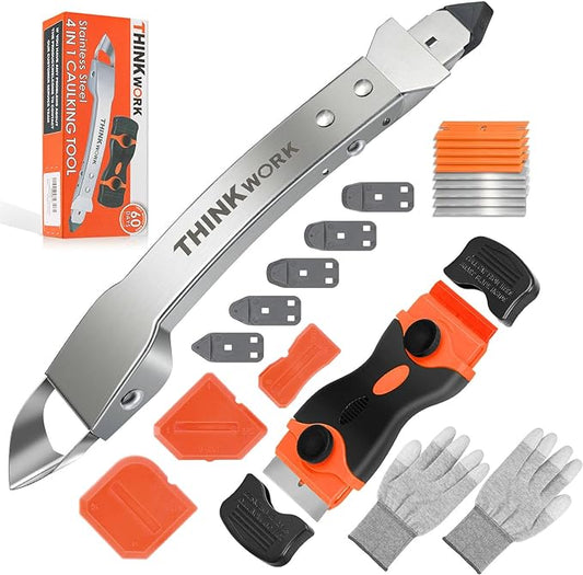 THINKWORK Caulking Tool Kit, 4 in 1 Caulk Remover Tool, Stainless Steel Caulk Tool for Kitchen Bathroom Window Sink Tile Joint, Silver