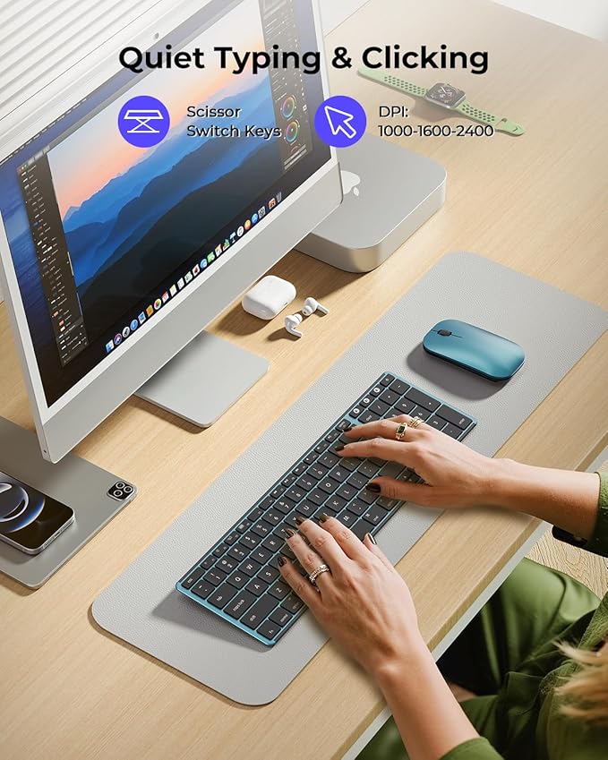 seenda Bluetooth Keyboard and Mouse for Mac, SKM64-2 Multi-Device Rechargeable Slim Wireless Keyboard Mouse Stainless Steel Full Size, Compatible with MacBook Pro/Air, iPad, Mac - Black Blue