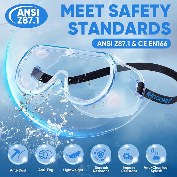 TICONN Anti-Fog Safety Goggles, HD Clear Eye Protection, ANSI Z87.1 Lab Goggles for Chemistry, Industrial