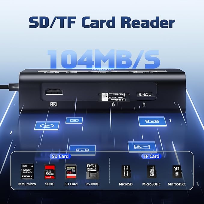 USB C Hub 10Gbps, 9-in-1 USB C Docking station 3.28FT with 4K@60Hz HDMI, Type-C & 2 Type-A 3.2, 2 USB-A 2.0, PD 100W, SD/TF Port, Black Aluminum USB Hub for Laptop, iPhone 16/15, MacBook Air/Pro