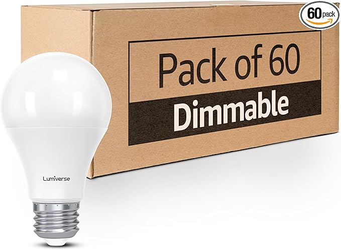 Lumiverse 60 Pack A19 Dimmable LED Bulbs 60W Equivalent, 9.5W, Non-Flickering, 5000K Bright Daylight White, 800 Lumens, E26 Base, 10000 Hour, Energy Saving, Clear Bright Light for Ceiling, Bedroom