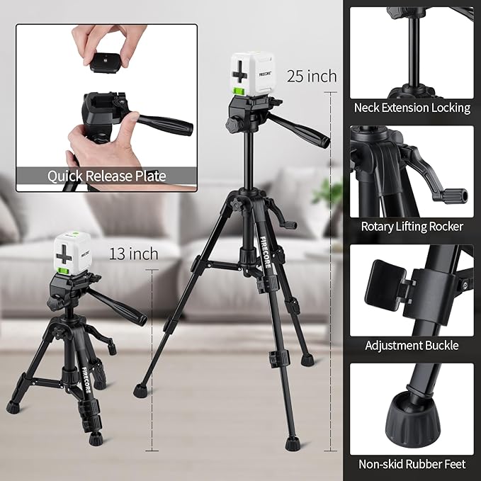 Laser Level with Tripod, Firecore 82Ft Green Self Leveling Cross Line Laser Measuring Leveler Tool for Hanging Pictures, DIY Indoor Project, 25" Tripod, Battery & Carry Pouch Included