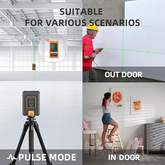 Self-Leveling Cross Line Laser Level 100ft/30 meters Range,10-level Brightness adjustable,green beam Carrying Pouch Included,Level for Picture Hanging, DIY, Construction and Indoor Projects