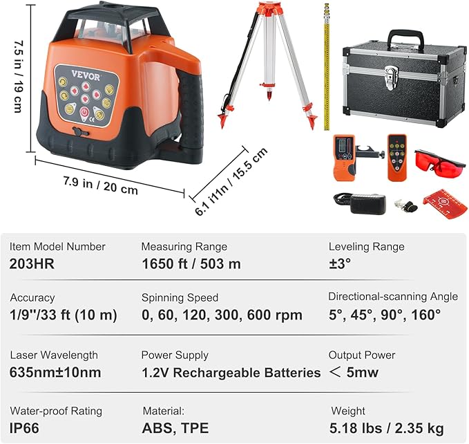 VEVOR Red Rotary Laser Level 1650ft,360 Degree Self Leveling Laser Level Kit,with Surveying Tripod&5m Staff,IP66 Waterproof Remote Control,5 Rotation Speeds&4 Angles Adjustment(Ship in Three Packages)