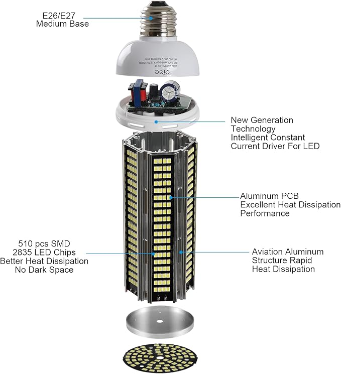 LED Corn Light Bulb 600W Equivalent 7000 Lumen 5000K Daylight White 50W E26/E27 Medium Base Non-dimmable Corn Lighting for Home Garage Warehouse Indoor LED Corn Bulbs Pack of 2