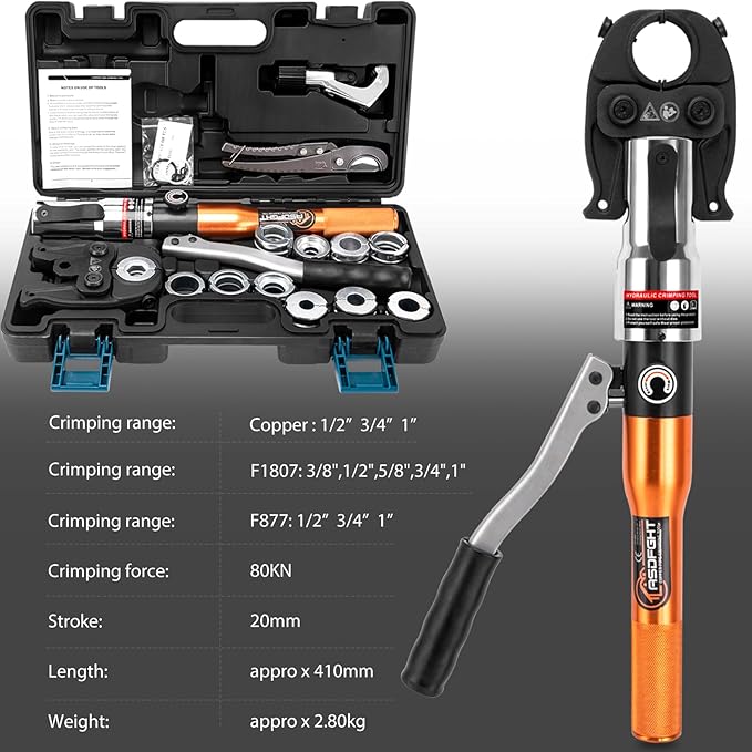 Copper Pipe Crimping Tool - with 1", 3/4", 1/2" Dies for F877 stainless PEX Press Sleeves & Copper Pipe + 1", 3/4",5/8", 1/2", 3/8" Dies for ASTM F1807 Pex Pipe Copper Ring