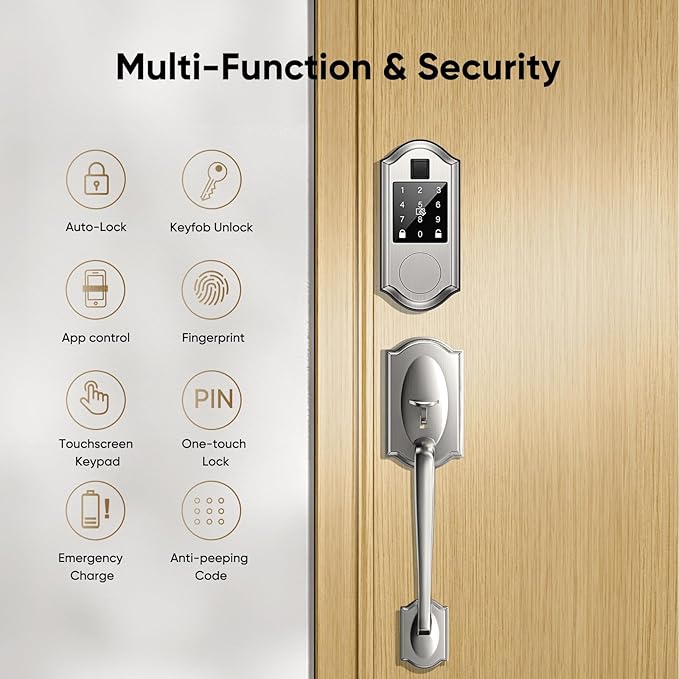 Fingerprint Smart Front Door Lock Set, Keyless Entry Door Lock & Front Door Handle Set, App Control, Digital Touchscreen Keypad, Smart Locks for Front Door, Easy Install,Satin Nickel