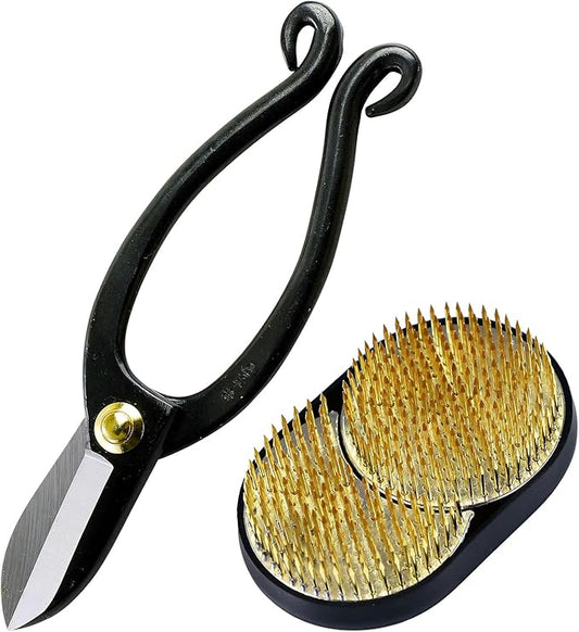 Wazakura Made in Japan Ikebana Tool Kit - Ikenobo Scissors + Sun and Moon Kenzan Flower Holder, Japanese Floral Arrangement Set, Florist Shears and Pin Frog Gift Box Set - Sun and Moon Kenzan Set