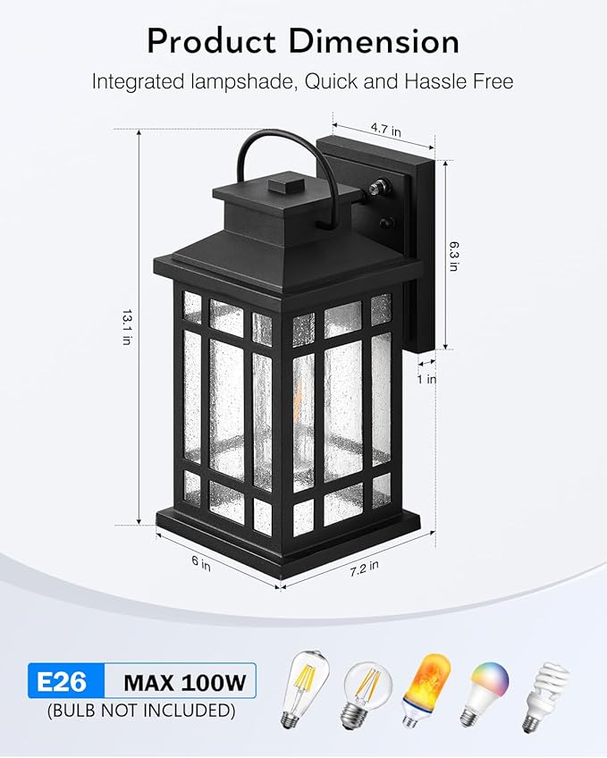 Outdoor Wall Lights Wall Mount, Dusk to Dawn Outdoor Lighting with Tempered Sleed Glass, Anti-Rust Black Outdoor Light Fixture, Modern Outside Porch Lights for House, Patio Exterior Wall Sconce