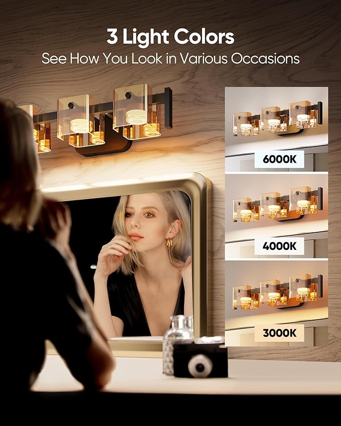 JACKYLED Bathroom Light Fixture, Modern 3-Light Vanity Lights with Art Glass Shades, 3 Color Temperatures LED Bathroom Lighting Fixture Over Mirror, 20W 1200 Lumen 30° Adjustable, Amber Glass