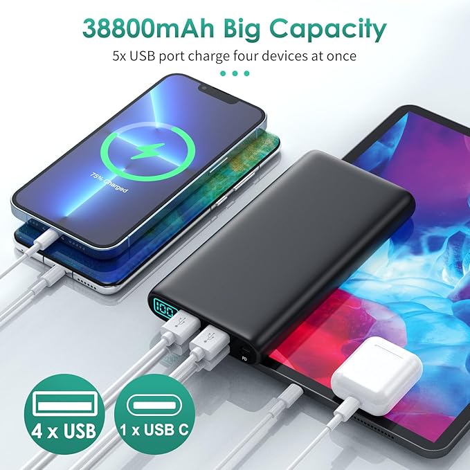 Portable Charger 38800mAh,LCD Display Power Bank,5 USB Outputs Battery Pack Backup, USB-C in&out Dual Input Phone Charging Compatible with iPhone 16/15/14/13 Pro/12,Android Samsung Galaxy Pixel Nexus