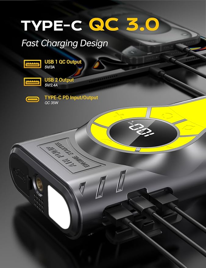 Car Jump Starter with Air Compressor,7000A Jump Starter Battery Pack (All Gas/12.0L Diesel) 12V 160PSI Auto Battery Booster,Jumper Cables with LED,Portable Lithium Jump Box with QC3.0