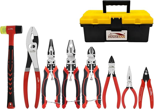8-Piece Tool Set with Case Including 10” Slip Joint Pliers, 8.3” Long Nose, 8.3” Linesman, 7.5” Diagonal, 6” Flush Cutter, 5” Long Nose, 5” 170 Cutter, 25mm Rubber Mallet for DIY & Home Use