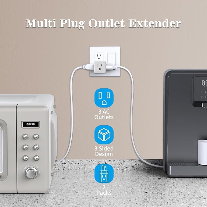 3 Outlet Wall Adapter,Multi Plug Wall Outlet Extender,3 Prong Plug Adapter-Grounded Wall Tap Power Plug Expander,3 Outlet Power Outlet Extender,Multiple Outlet Splitter,White,2-Pack
