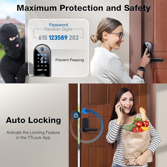 GEONFINO Smart Door Lock 6-in-1 Fingerprint Door Lock with Anti-Peeping, Black Keyless Door Lock with Biometric Handle for Home