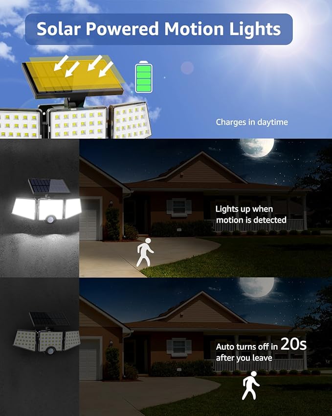 LE Solar Lights for Outside, Solar Lights Outdoor with Motion Sensor, WL4000 High Brightness, 3 Adjustable Heads 270° Wide Lighting Angle, IP65 Waterproof, Wireless Wall Lamp for Yard Garage