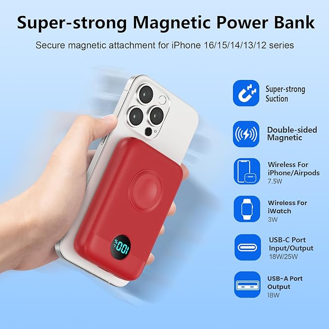 Magnetic Portable Charger for iPhone, 10800mAh 4-in-1 Wireless Power Bank with iWatch Charger, 25W PD Fast Charging Battery Pack for Magsafe, iPhone 16/15/14/13/12 Series, Apple Watch (Red)