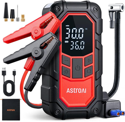 AstroAI S8 Air Nano Jump Starter with Air Compressor, 1500A Peak 150PSI Compact & Portable Car Battery Booster (6.0 Gas/3.0L Diesel Engine), 12V Super Safe Lithium Jump Box, Tire Pump, Lights (Red)
