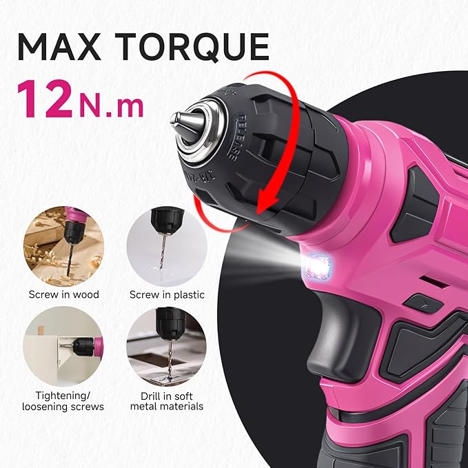 Tool Set - 8V Cordless Drill Kit, 132 Piece Box With Hand Drill, Home Kits for Men & Women, Perfect for Homeowner, Diyer, Handyman - Pink