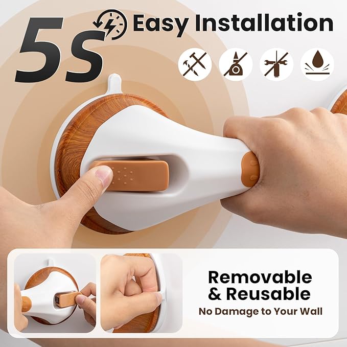 TAILI Shower Grab Bar, 2 Pack 12 Inch Suction Grab Bars for Bathtubs and Elderly, Shower Handle for Seniors Bathroom Safety Grip, No Drilling Removable,Wood Grain