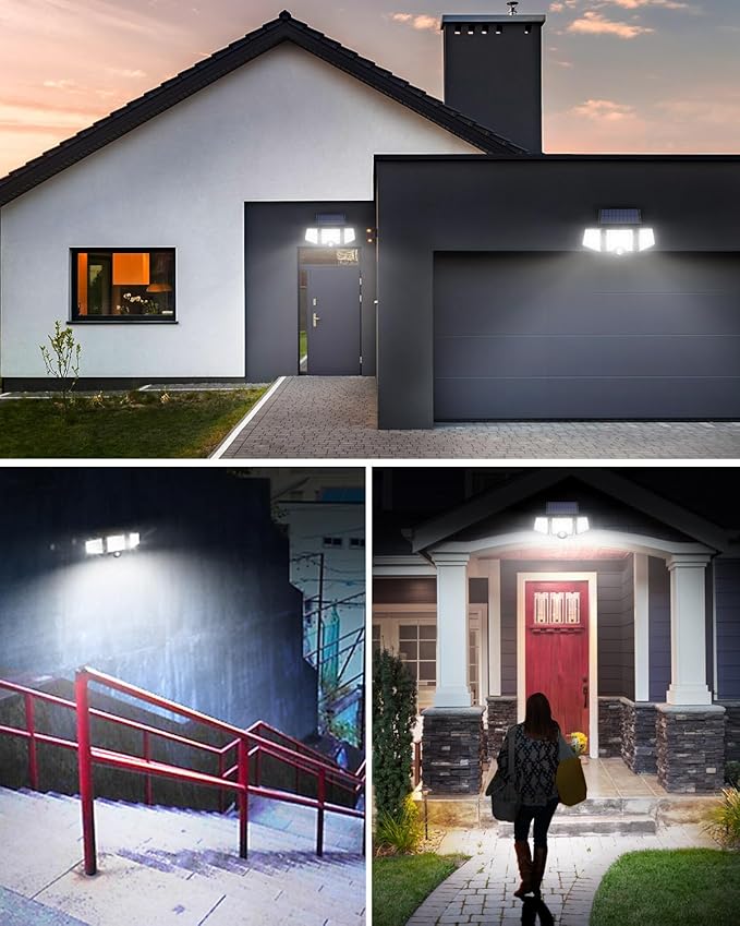 LE Solar Lights for Outside, Solar Lights Outdoor with Motion Sensor, WL4000 High Brightness, 3 Adjustable Heads 270° Wide Lighting Angle, IP65 Waterproof, Wireless Wall Lamp for Yard Garage
