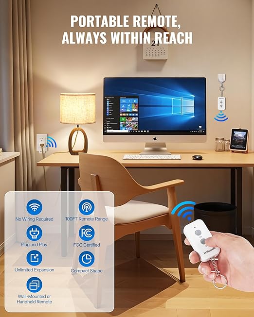 Remote Control Outlet Plug, WILAWELS Wireless Light Switch, On Off Remote Switch Outlet for Light, Lamp, Home Appliance, 100ft RF Range, 15A/1875W, FCC Listed, Two Switches for One 0utlet W02RC2106