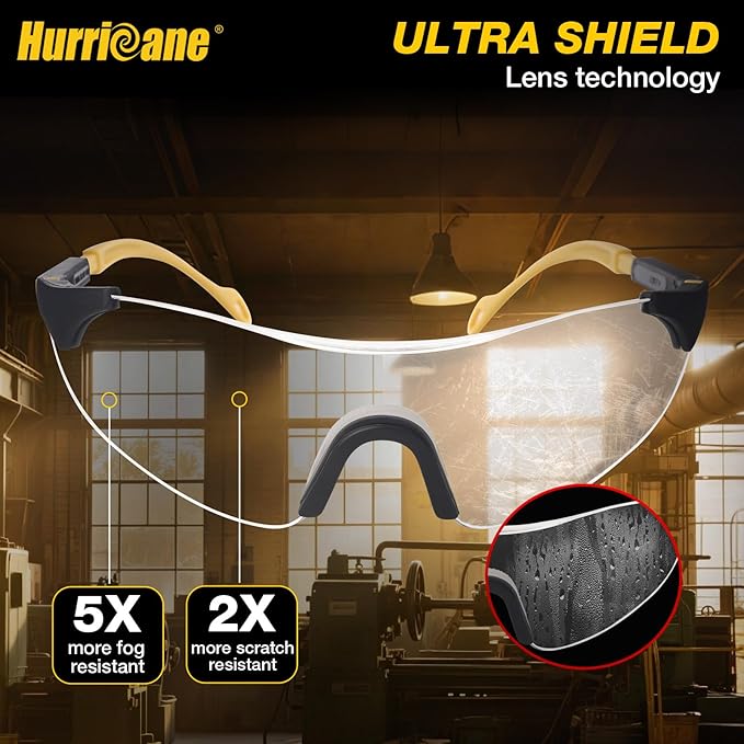 HURRICANE UV400 Safety Glasses, Clear Lens, Lightweight Protective Goggles with Anti-Fog & Anti-Scratch Coating, Adjustable Nylon Frame & Flexible Temples for Work, Lab, Construction, Workshop & More
