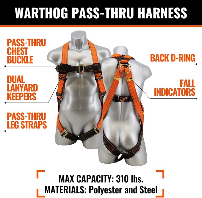 Malta Dynamics 50’ Roofer's Safety Bucket Kit – Warthog Pass-Thru Safety Harness, Reusable Roof Anchor, and 50’ Vertical Lifeline Assembly, OSHA/ANSI Compliant