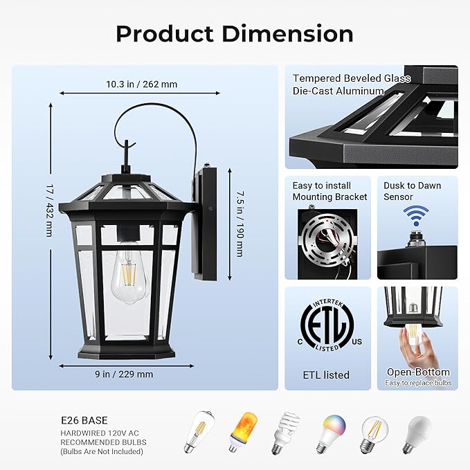 VIANIS Large Outdoor Light Fixture, Black Modern Dusk to Dawn Outside Lighting with Transparent Tempered Glass, Aluminum Waterproof and Anti-Rust Exterior Lighting Fixtures for Porch, Garden, Doorway
