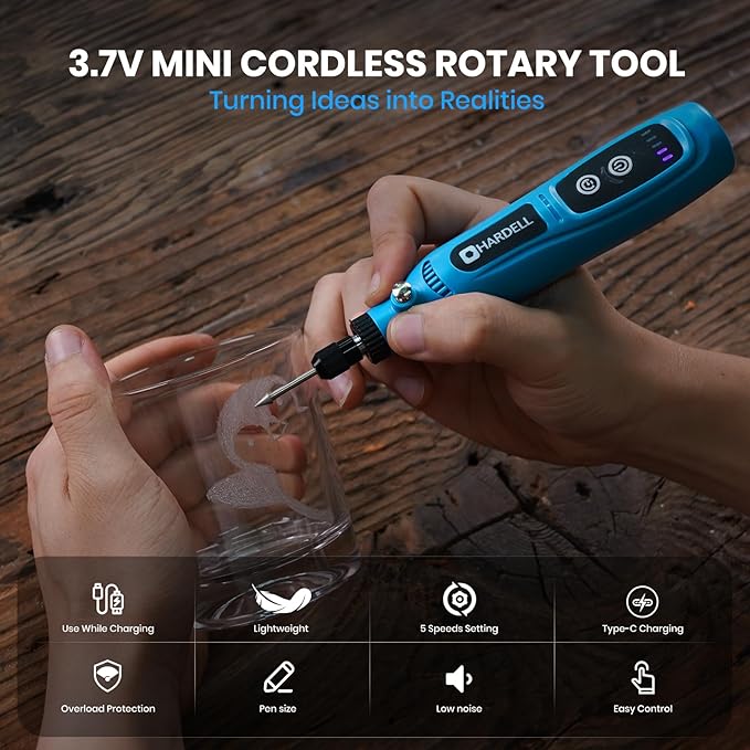 HARDELL Mini Cordless Rotary Tool - 3.7V Portable Power Tool with 43 Accessories, 5-Speed Adjustable, Type-C Charging for Sanding DIY Crafting, Jewelry Polishing, Detail Work
