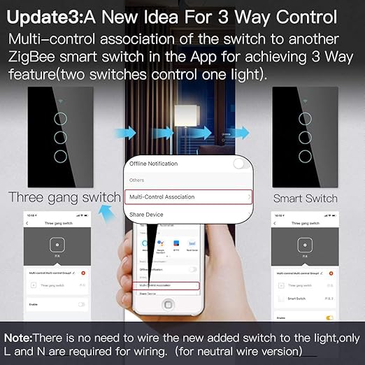 MOES ZigBee Smart Touch Wall Light Switch,Requires Tuya ZigBee Hub,No Neutral Wire/N+L Wiring,No Capacitor,Smart Life Tuya 2/3 Way Remote Control, Work with Alexa Google Home, 2MQTT,3 Gang Black