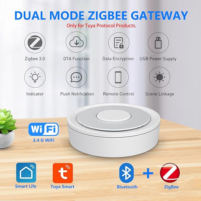 2 in1 Smart ZigBee3.0 and Bluetooth Gateway, Only for Tuya Protocol Products Smart Wireless Gateway for Home Automation, 2.4GHz WiFi Only, APP Control, Compatible with Alexa, Google Assistant