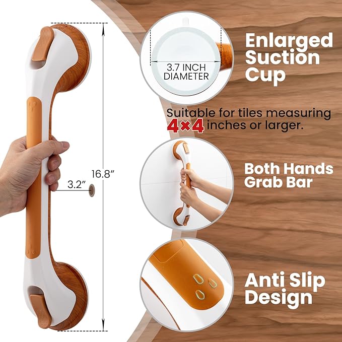 TAILI Grab Bars for Bathtubs and Showers 2 Pack Suction Grab Bar, Heavy Duty Shower Handle Removable Bath Handrails for Seniors and Elderly, Bathroom Safety Grip No Drilling Waterproof,Wood Grain