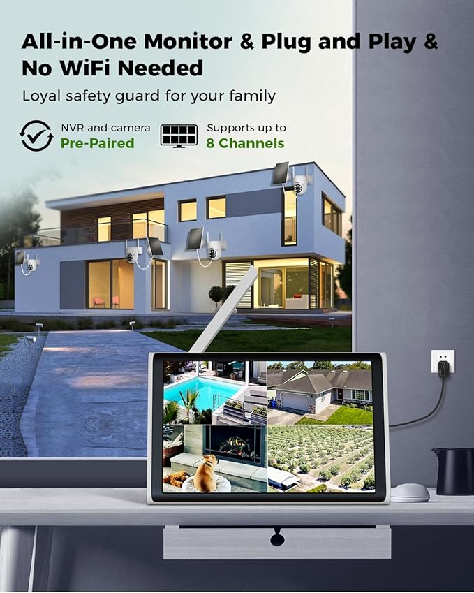 Wireless Solar Camera System Outdoor, 4PCS 4MP Battery Powered Cameras, No Monthly Fee, 360° View Pan Tilt, PIR Motion Detection, Color Night Vision, IP66, 2-Way Audio, 10" Monitor