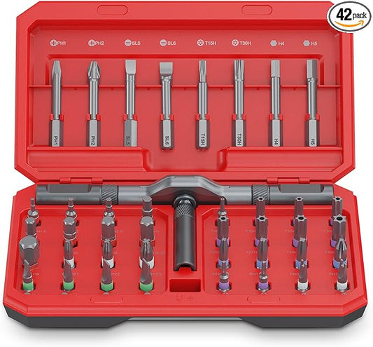 42 in 1 Magnetic Screwdriver Set, DIY Ratchet Screwdriver Set, Multi Bit Magnetic Drive Set with Detachable Ratchet Handle, Portable Compact Repair Tool Kit for Furniture Computer Bicycle Red