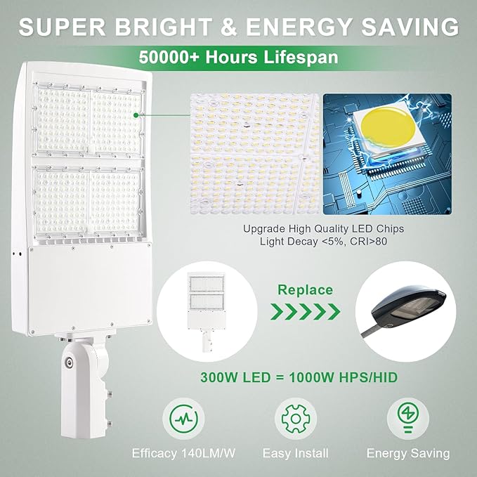 480V 300W LED Parking Lot Light, 5000K 42000LM(140lm/w) LED Shoebox Area Light - Slip Fitter Mount, Dimmable Commercial Street Lighting, Surge Protection Built-in, AC277-480V UL DLC Listed