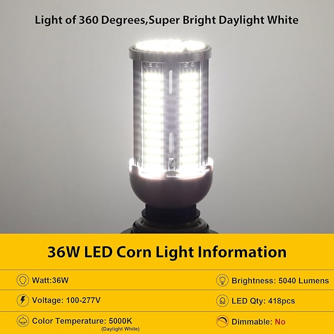 400W Equivalent LED Corn Light Bulb,5040Lumen 5000K 36W Daylight White E26/E27 Medium Base for Indoor Garage Warehouse Factory Workshop Street Backyard New Upgraded