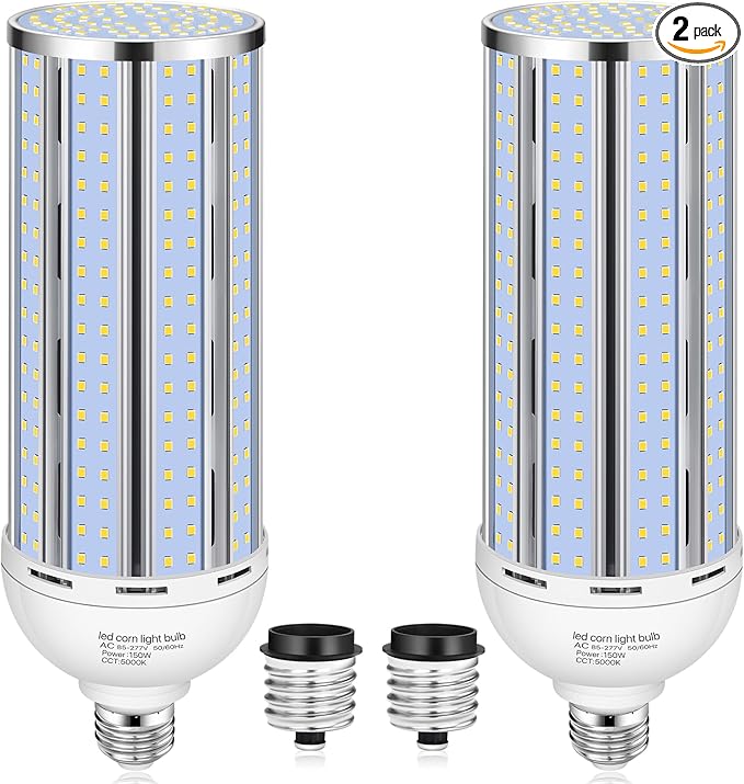 2 Pack 150W Corn LED Light Bulb Fanless,5000K Daylight(1500 Watt Equivalent) E26/E39 Large Mogul Base LED Cob Lamp 21,500LM for Outdoor Indoor Garage Warehouse Factory Workshop Street Backyard