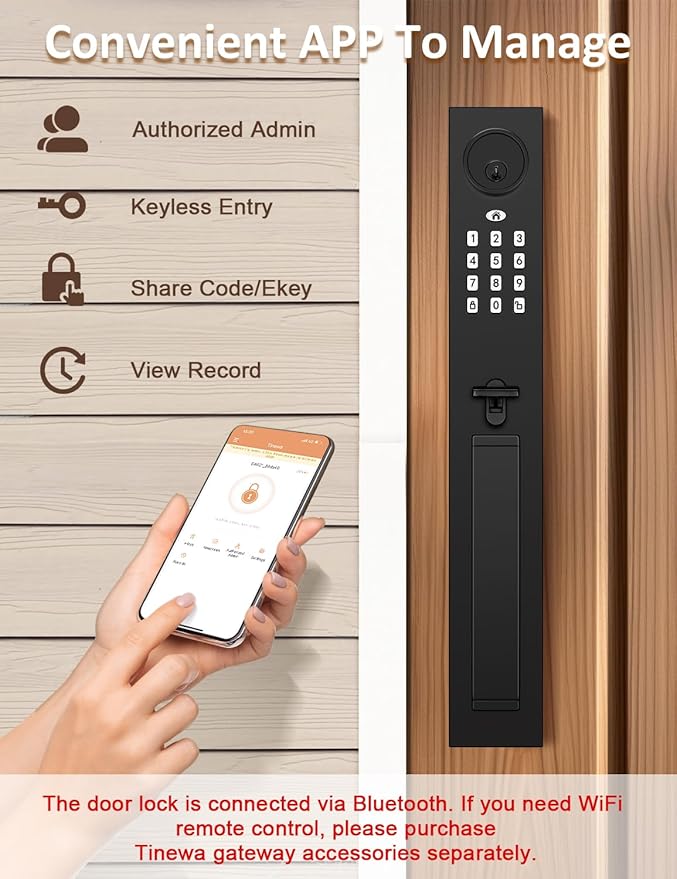 Keyless Entry Door Lock with Lever, Full Escutcheon Smart Door Handle, Digital Keypad Deadbolt with App, Front Door Handleset with Single Cylinder Deadbolt and Lever, Auto Locking, Black Finish