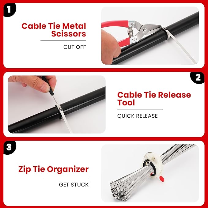 Stainless Steel Cable Tie Gun Set – Heavy Duty Metal Zip Tie Tool Kit with 150PCS Self-Locking Ties, Adjustable Fastening & Cutting Tool for Outdoor Fencing, Exhaust Pipes, Automotive (Red)