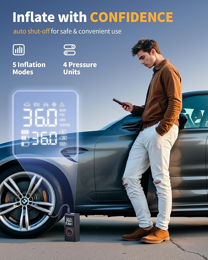 Tire Inflator Portable Air Compressor, 150 PSI Cordless Bike Pump, Air Pump for Auto, Motorcycle, Bicycle, Balls with Pressure Gauge, LED Light & Car Accessories, Black, Medium