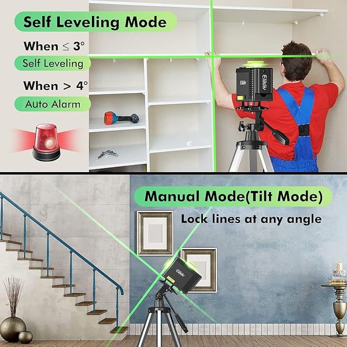 Laser Level Self Leveling - Elikliv Outdoor Robust Indoors 4D Green Cross Line Laser Level 4x360 Horizontal Vertical Dual-beam Lasers 200ft for DIY (4D Laser Level All-Inclusive KIT)