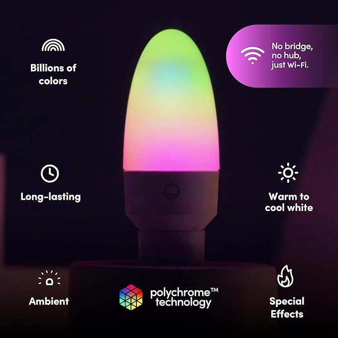 LIFX Candle Color, E12 Polychrome Technology™, Wi-Fi Smart LED Multicolors Light Bulb, 27 addressable Zones per Candle, No Bridge Required, Works with Alexa, Hey Google, HomeKit and Siri