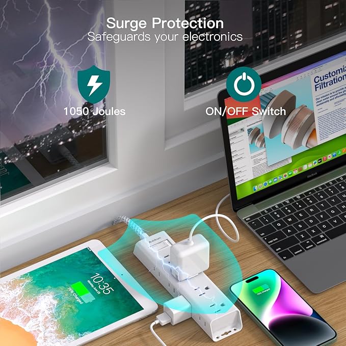 Extension Cord with Multiple Outlets - Addtam Power Strip with 12 Widely AC 3 Sides, 5Ft Extension Cord, 1050J Surge Protector, Wall Mount, Desk Charging Station for Home Office Dorm Room Essentials