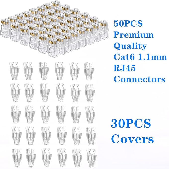 RJ45 Crimping Tool Kit - Pass Through Crimper Cutter Stripper for Cat5 Connectors, with 50PCS Pass Through Cat6 Connectors, 30PCS Covers
